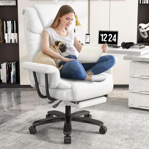 Miniatura 11 de GYI Silla de oficina reclinable 160 con reposapiés, silla de escritorio grande y alta, color negro Asiento con patas cruzadas, respaldo alto, piel
