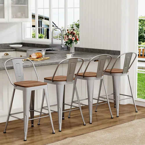 Miniatura 11 de Yongchuang Juego de 4 taburetes de bar de 24 pulgadas, de metal negro, altura de mostrador, con respaldo alto, asiento de madera grande, sillas