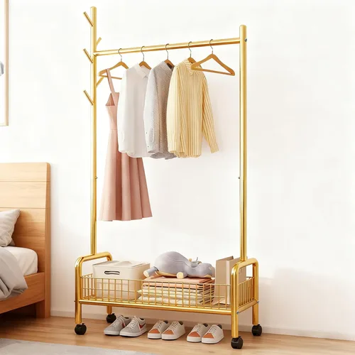 Miniatura 10 de Perchero con estantes de almacenamiento, perchero resistente con ruedas para dormitorio, sala de estar, organización de lavandería