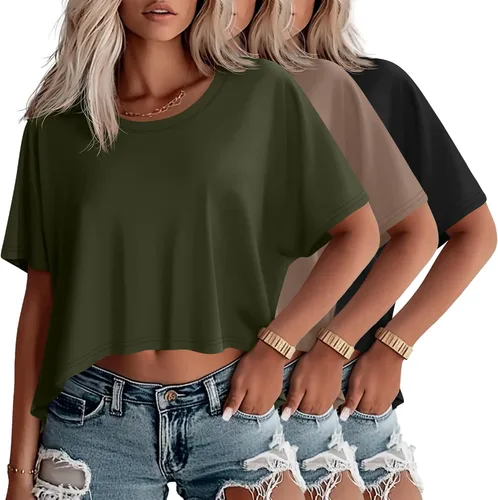 Miniatura 16 de Huukeay Paquete de 3 camisetas recortadas de gran tamaño para mujer, manga corta, holgadas, cuello redondo, holgadas, para entrenamiento