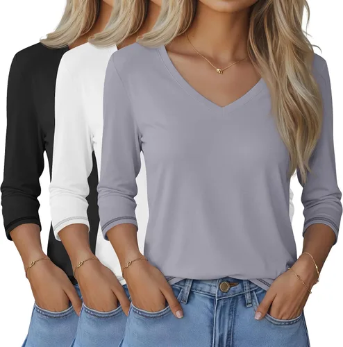 Miniatura 6 de Ficerd Paquete de 3 camisetas de manga 3/4 para mujer, cuello en V, blusas holgadas, blusas casuales, ropa de moda 2026