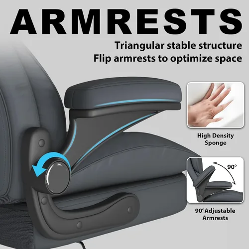 Miniatura 5 de Hovos Silla de oficina, ergonómica grande y alta silla de cuero de escritorio con brazos abatibles acolchados, bloqueo de inclinación ajustable, Gris