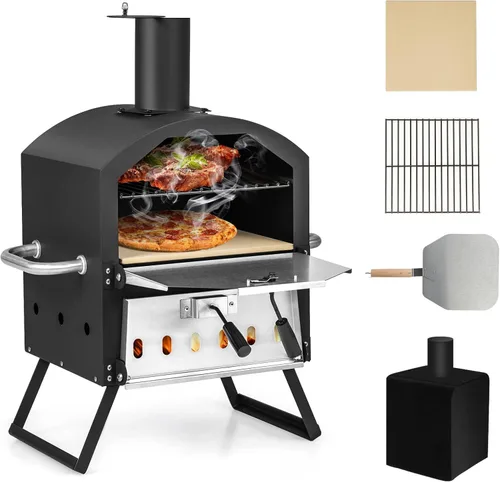 COSTWAY Horno de Pizza de Picnic para Exteriores, Piedra de Fuego de Leña con Pala, Cubierta Impermeable, Patas Plegables, Fabricador de Pizza