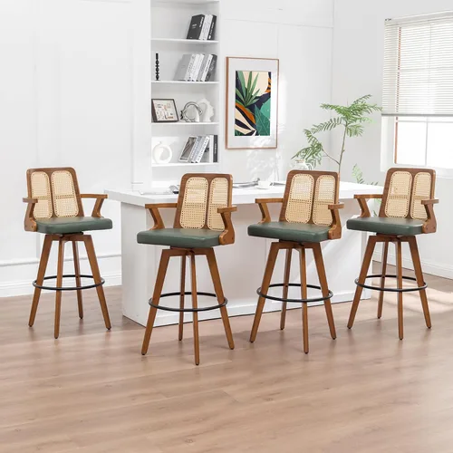 Miniatura 25 de Juego de 2 Taburetes de Mostrador - Taburetes Giratorios de 27 Pulgadas con Respaldo de Ratán, Brazos Curvos, Asiento Tapizado, Patas de Bambú Nogal