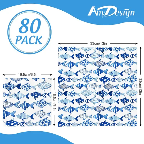 Miniatura 2 de 80 servilletas de papel desechables de peces oceánicos de acuarela azul, servilletas de papel decorativas para cena, toalla de mano para verano