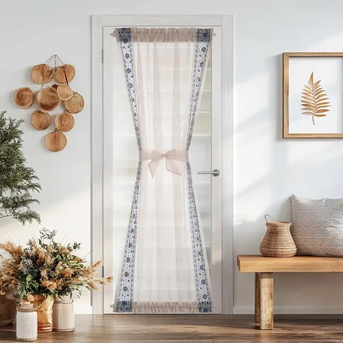 Miniatura 33 de jinchan Cortina de puerta francesa semitransparente con lazos de amarre, cortina de privacidad de gasa bordada floral para puerta de patio, armario