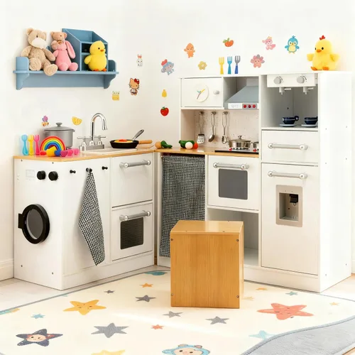 Costzon Cocina de Juego de Esquina de 2 Piezas, Cocina de Juego de Madera con Lavadora, Luz y Sonido Realistas, Cafetera, Estufa y Accesorios,