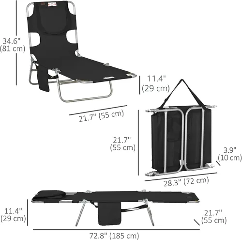 Miniatura 3 de Outsunny Tumbona para exteriores con agujero para el brazo facial, silla de bronceado reclinable de 5 posiciones con correa de transporte, bolsillo