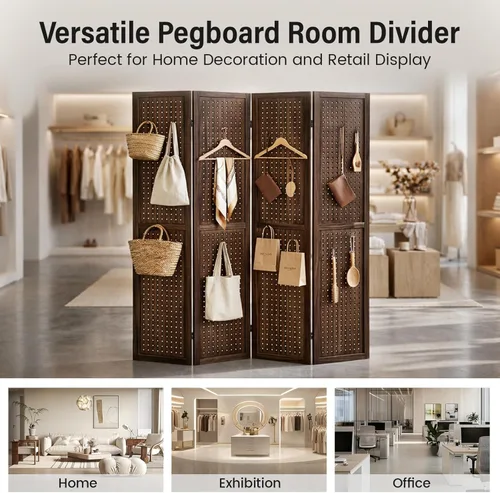 Miniatura 5 de Divisor de habitación de tablero de clavijas de 4 paneles, pantalla de privacidad plegable de 5.6 pies, organizador de madera independiente