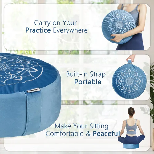 Miniatura 8 de Hihealer Cojín de meditación, funda de terciopelo tradicional tibetano para meditación, cojín grande para el suelo para adultos, cojín de trigo Azul