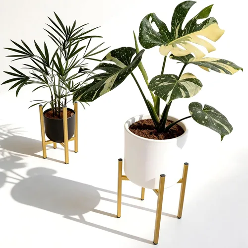 RAINBLELAND Soporte de metal dorado para plantas de interior, soporte ajustable y resistente para macetas de 8 a 14 pulgadas, moderno soporte para