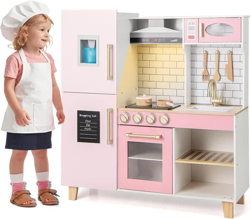 Miniatura 11 de HONEY JOY Juego de cocina para niños, cocina de madera de pequeño chef de simulación con pizarra, gran gabinete de almacenamiento, estufa, grifo