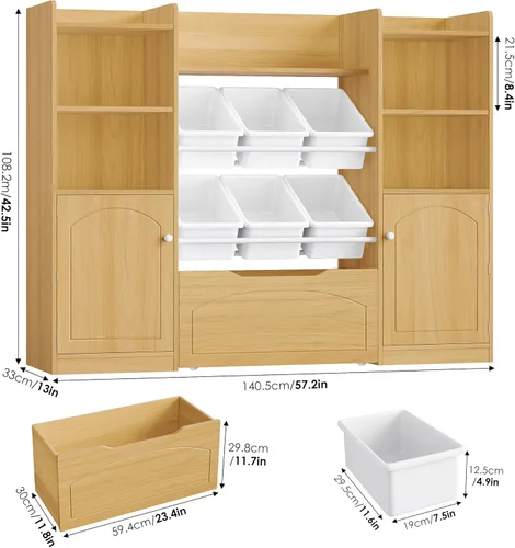 Miniatura 2 de FINETONES Organizador de almacenamiento de juguetes con contenedores extraíbles, estantería 5 en 1 para niños con pecho móvil y estantes para libros