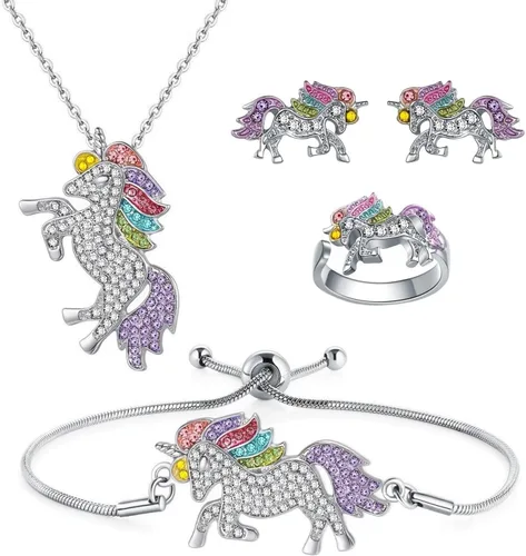 SHWIN Regalos de unicornios para niñas, joyas para niños, paquete de 2 o 4 unidades, collar de unicornio, pulsera, aretes, anillo de joyería, regalo