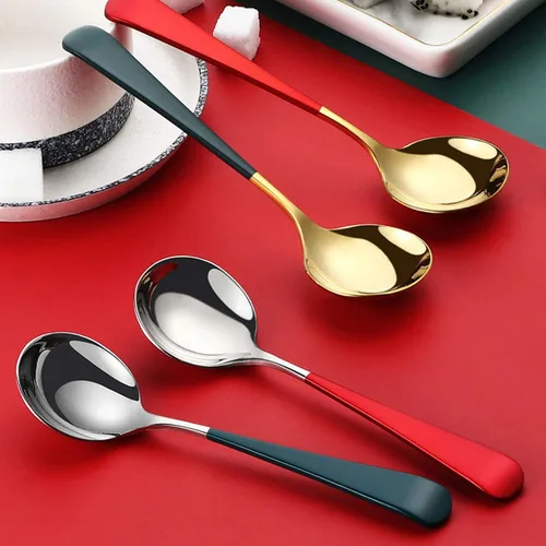 Miniatura 5 de Cucharas de sopa de acero inoxidable, cucharas de sopa de cabeza redonda 18/10, cuchara coreana moderna de acero inoxidable 304 de mango corto