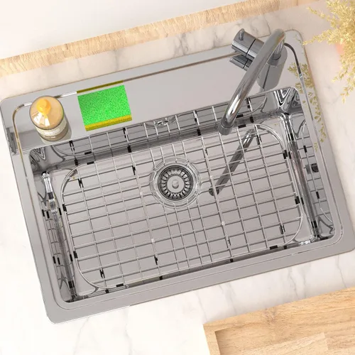 Miniatura 6 de Protector de rejilla de fregadero SlimmKISS de 26" x 14" para cocina, estante de fregadero con agujero de drenaje trasero y radio de esquina
