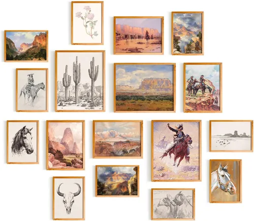 Juego de arte de pared vintage occidental, impresiones del desierto del rancho de vaquero del suroeste, decoración rústica del oeste para dormitorio