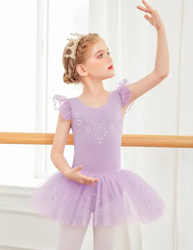 Miniatura 2 de Flypigs Leotardos de ballet para niñas, vestidos de tutú de bailarina con falda brillante, manga con volantes, vestido de baile de ballet