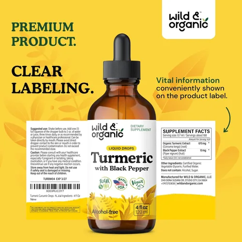 Miniatura 9 de Wild & Organic Suplemento de cúrcuma gotas líquidas - Movimiento y apoyo inmunológico - Cúrcuma líquida con extracto de pimienta negra - Añadir a
