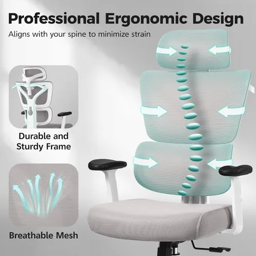 Miniatura 6 de Silla de Oficina Ergonómica de Respaldo Alto Silla de Escritorio con Soporte Lumbar, Silla de Computadora de Malla Transpirable con Reposabrazos Gris