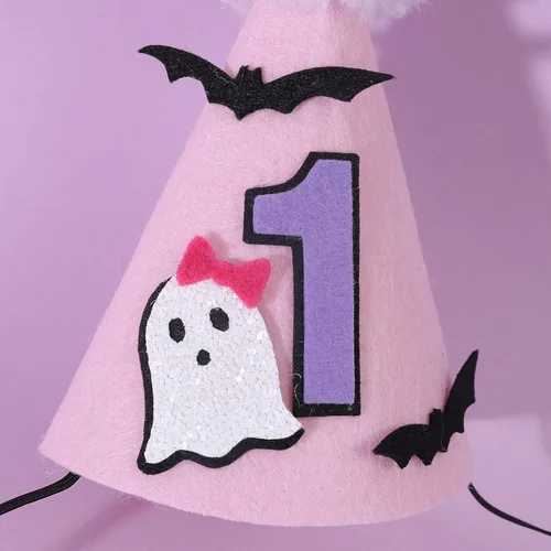 Miniatura 9 de Sombrero de fantasma rosa de Halloween para primer cumpleaños con murciélagos, corona espeluznante de un cumpleaños, bonita decoración de Halloween