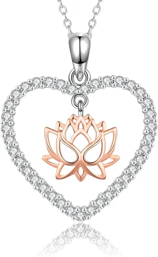 CRWENG Collares de loto para mujer, plata de ley 925, collar con colgante de corazón floral de loto, joyería de circonita cúbica natural, regalos de