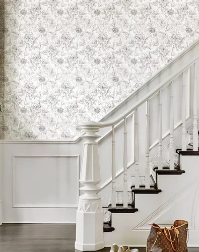 Miniatura 5 de JiffDiff Papel tapiz floral en blanco y negro con peonías removibles para despegar y pegar, papel de pared con diseño de flores esbozado