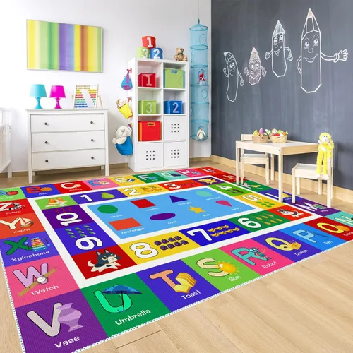 Miniatura 8 de ABC - Alfombra de juego para niños, con forma del alfabeto, con números del alfabeto, alfombra de área educativa de aprendizaje de frutas, grande