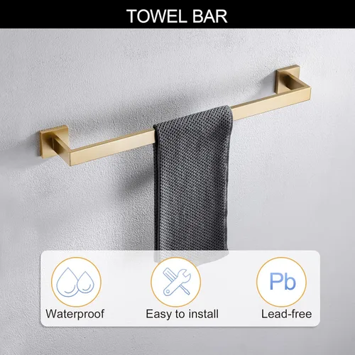 Miniatura 2 de Juego de accesorios de baño de 5 piezas 60 cm Barra de toalla dorada Juego de barra de toalla Anillo de toalla Gancho para abrigos y soporte