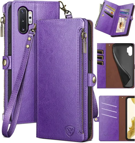 Miniatura 11 de XcaseBar Funda tipo cartera para Samsung Galaxy Note 10 Plus con cremallera y tarjetero de crédito con bloqueo RFID, funda de piel sintética