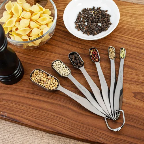 Miniatura 5 de Juego de 6 cucharas medidoras de acero inoxidable 18/8 precisas, resistente con buen mango, con conector de anillo, color gris oscuro