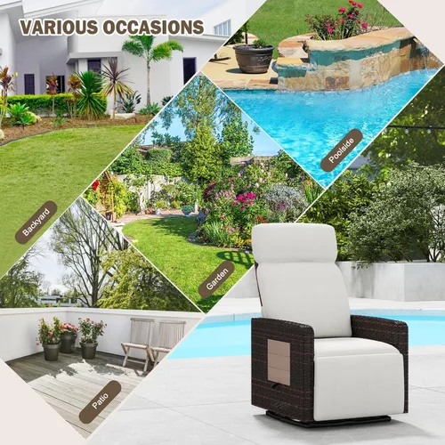 Miniatura 9 de kinbor Silla reclinable para exteriores, silla giratoria de 360° con respaldo alto para patio, con mesa auxiliar abatible, cojín extraíble y Beige-1