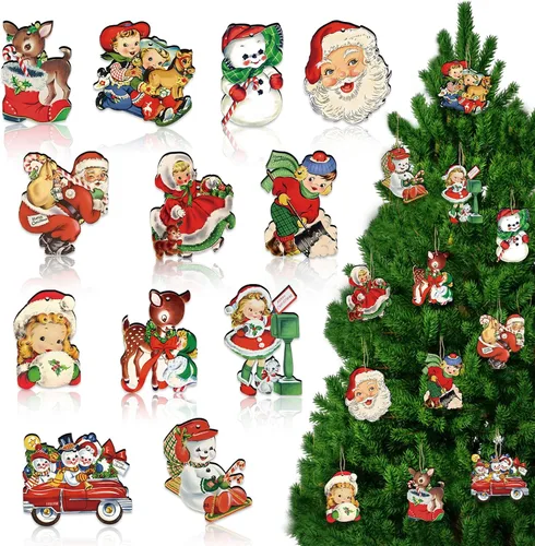 36 adornos de Navidad vintage para decoración de árboles, adornos retro de madera con niña, muñeco de nieve, decoración navideña de reno para árbol