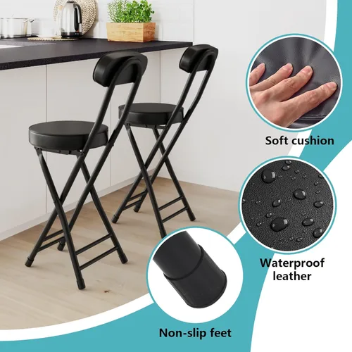 Miniatura 5 de Taburete plegable, taburete de bar plegable acolchado acolchado, 24 pulgadas de altura negra, taburete portátil resistente con capacidad de 300
