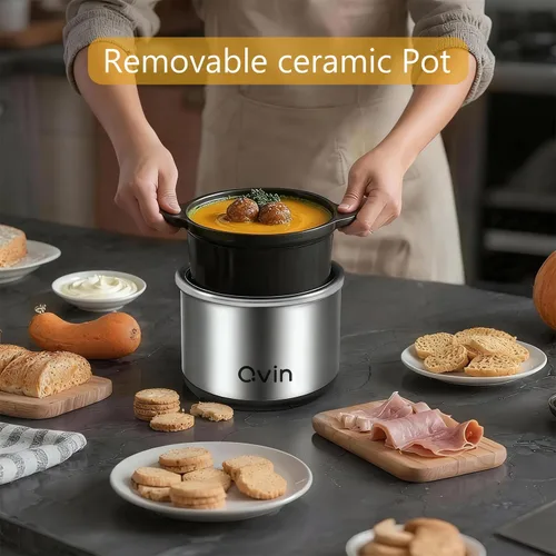 Miniatura 4 de Olla de cocción lenta mini de 0.65 cuartos de galón, olla de fusión para fondue con cacerola de gres apta para lavavajillas, para salsas, guisos