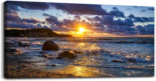 Lienzo decorativo de pared para sala de estar, dormitorio, decoración de pared, pintura de paisaje océano azul, colgar decoración del hogar, Golden