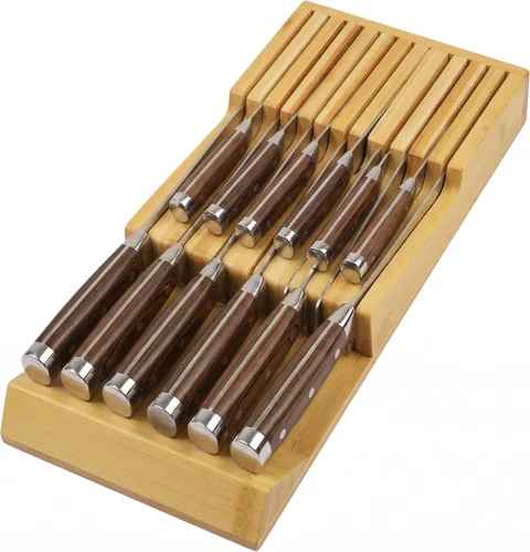 Bloque de cuchillos de bambú para cajones de cocina, soporte para cuchillos en cajón, organizador de cajones de cuchillos apto para 13 cuchillos