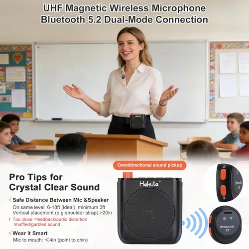 Miniatura 3 de HAKUTA Amplificador de voz inalámbrico, altavoz Bluetooth portátil para profesores con micrófono de solapa magnético y 2 micrófonos, amplificador