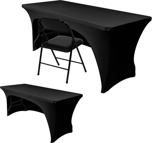 Nasitos Paquete de 2 Manteles Ajustados de Spandex Negro para Mesas de 4 Pies - Cubierta para Mesa Plegable con Respaldo Abierto, Tela Lavable
