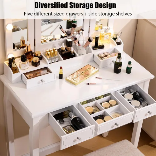 Miniatura 3 de Escritorio de tocador con espejo y luces, juego de tocador blanco para niñas con espejo y taburete acolchado, mesa de tocador de maquillaje