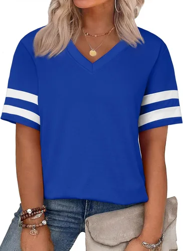 Miniatura 39 de Eytino Blusas de talla grande para mujer, cuello en V, manga corta, a rayas, casual, holgada, con bolsillo (1X-5X)