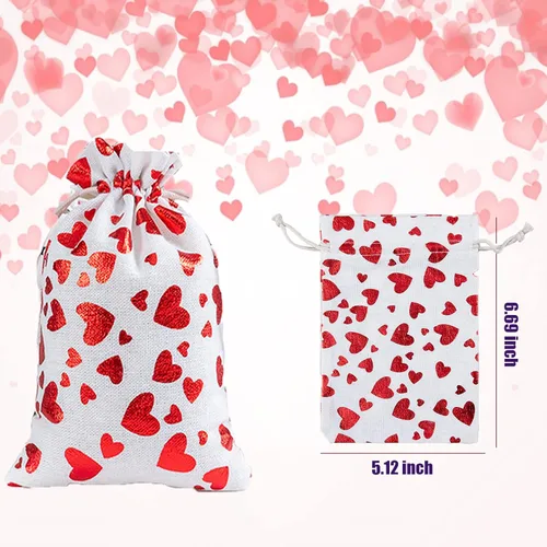 Miniatura 2 de eyigylyo Bolsa de arpillera de corazón para el día de San Valentín con cordón, 12 bolsas de dulces de San Valentín, bolsas de joyería para el día