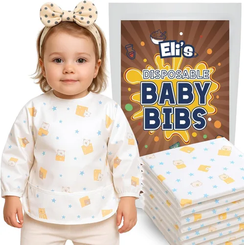 Miniatura 10 de Eli with Love Disposable Bibs Individually Wrapped Bib with Crumb Catcher - Waterproof Baby Bibs For Feeding Unicornio - Manga Corta