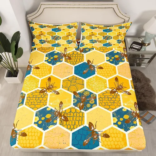 Juego de ropa de cama de nido de abeja, sábana bajera ajustable de abeja para niños y niñas, diseño geométrico de vida silvestre voladora, juego de