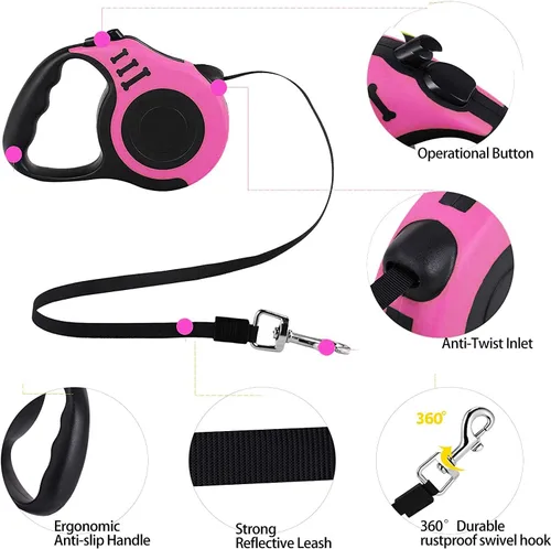 Miniatura 3 de Correa retráctil resistente para perros o gatos pequeños, cinta de nailon 360 sin enredos, mango antideslizante, con dispensador de bolsas de basura