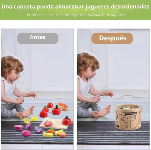 Miniatura 7 de WHOHOLL Juego de 43 piezas de comida de madera para niños, accesorios de cocina con canasta, juguetes de comida de corte de simulación para niños