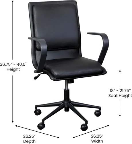 Miniatura 3 de Flash Furniture James Silla de oficina ejecutiva de diseño con respaldo medio, tapicería LeatherSoft negra, base y brazos negros, asiento giratorio
