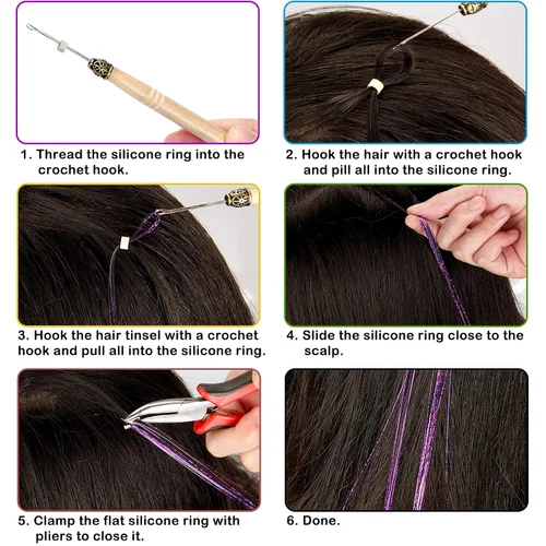 Miniatura 4 de Kit de oropel para el cabello, 18 colores de 48 pulgadas, extensiones de cabello de oropel de hadas resistentes al calor con herramientas, CC