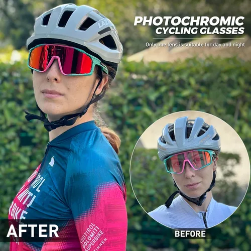 Miniatura 2 de KAPVOE Gafas de ciclismo fotocromáticas para hombres y mujeres, gafas de sol deportivas, marco de decoloración HD, gafas de bicicleta K76 Verde Rojo