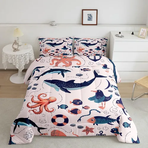 Erosebridal Juego de edredón de animales costeros para niños y niñas, juego de ropa de cama de ballena de dibujos animados, tamaño individual, lindo